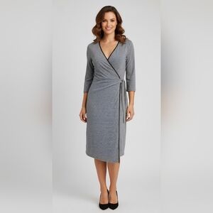 BNWT Halston Women's Size MediumDress Wrap 3/4 Sleeve Gray VNeck Beaded Neckline